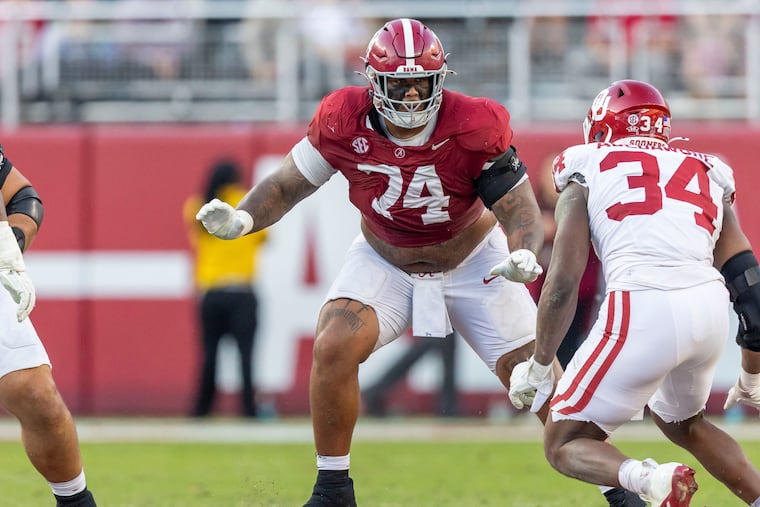 Massive at 6-foot-7, 352 pounds, Alabama offensive lineman Kadyn Proctor has been linked to the Eagles throughout the draft process.