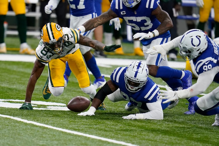 Marquez Valdes-Scantling's fumble set the Colts up to win in overtime against Green Bay on Sunday.