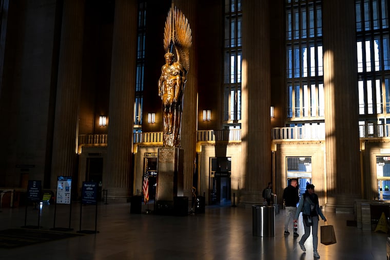 The Pennsylvania Railroad War Memorial (1950, installed 1952) by Walker Kirtland Hancock (1901 - 1998) in the lobby of 30th Street Station.