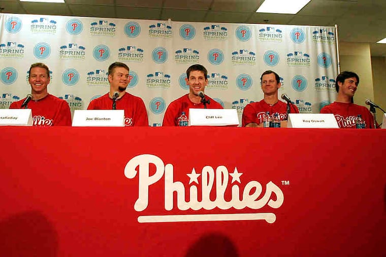 The Phillies starting rotation (from left) of Roy Halladay, Joe Blanton, Cliff Lee, Roy Oswalt, and Cole Hamels will likely keep fans coming to Citizens Bank Park in droves in 2011, just as they have ever since the Phils won the National League East in 2007.