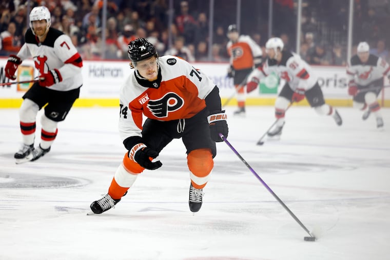Flyers right wing Owen Tippett seen here in earlier action against the New Jersey Devils this season, scored the 100th goal of his NHL career in the win.