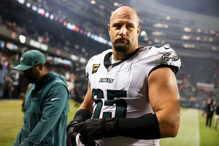 Philadelphia Eagles offensive tackle Lane Johnson leaves after the Chicago Bears game against the Philadelphia Eagles at Soldier Field on Monday, Sept. 28, 2026, in Chicago.