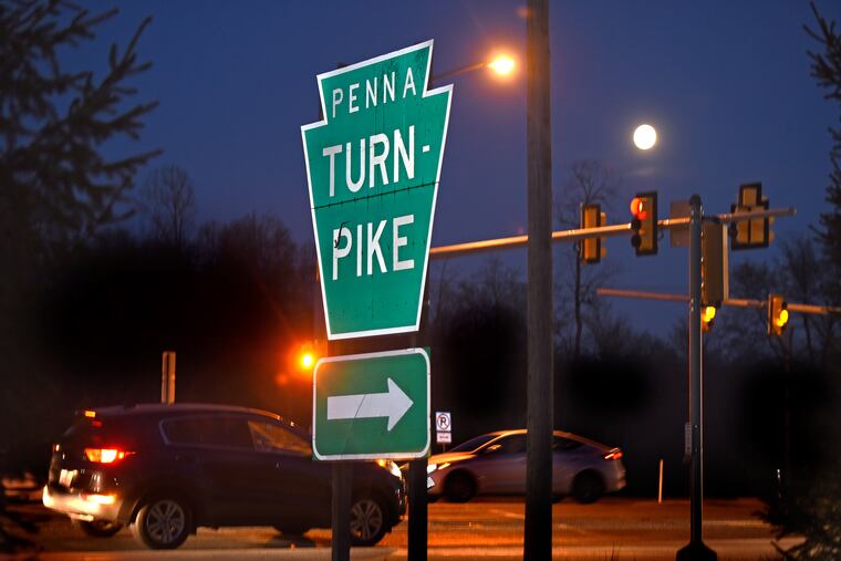 An Inquirer and Daily News file photo shows a sign marking the entrance onto the Pennsylvania Turnpike. An accident involving a charter bus has blocked traffic Saturday, Sept. 8, 2018.