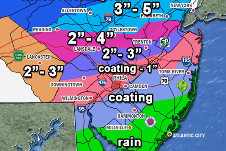 Potential snow/ice amounts by 4 p.m. Monday.