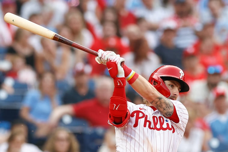 Phillies Bryson Stott at bat against the Washington Nationals on June 30. He entered Friday hitting .322 with an .853 OPS since May 17.