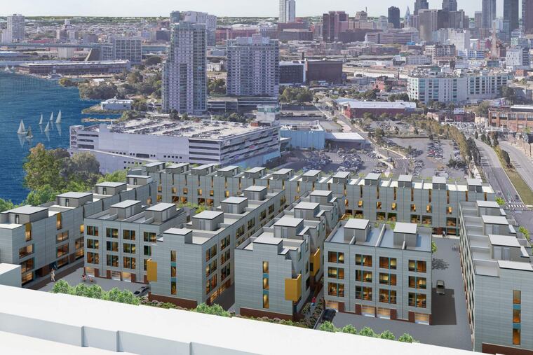 Artist's rendering of aerial view of rowhouse development planned at 1121 N. Delaware Ave., looking south.