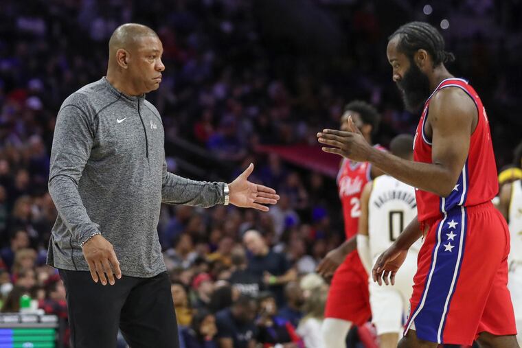 Philadelphia 76ers head coach Doc Rivers high fives Philadelphia 76ers guard James Harden (1) in the second quarter of a game against the Indiana Pacers at the Wells Fargo Center in Philadelphia on Saturday, April 9, 2022.
