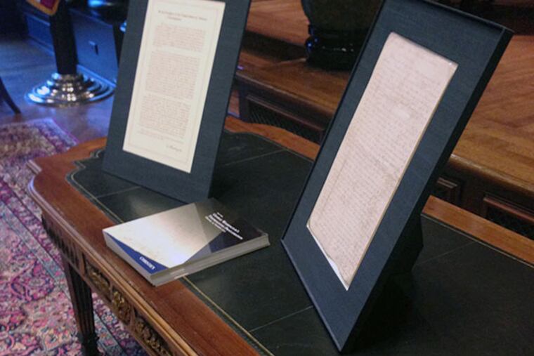 A proclamation signed by George Washington in 1789, establishing Thanksgiving as a national holiday, is briefly on the display at the National Constitution Center before being auctioned at Christies, where is expected to fetch $12 million. (Handout photo)