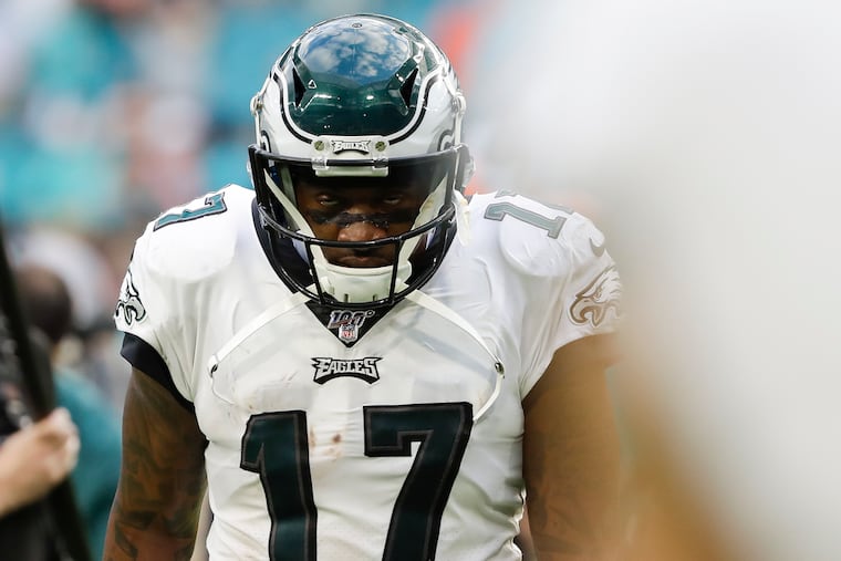Former Eagles wide receiver Alshon Jeffery, seen here walking off the field following a 2019 game.
