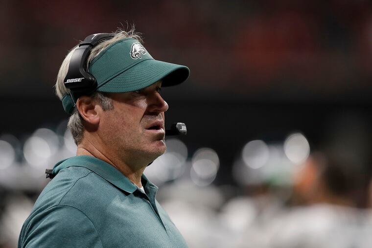 Eagles head coach Doug Pederson watches in the 3rd quarter as the Philadelphia Eagles play the Atlanta Falcons in Atlanta, GA on September 15, 2019. .