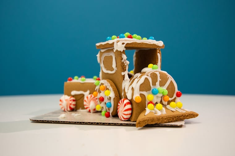 A gingerbread train made with a kit from Five Below.