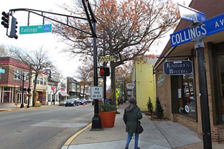Collingswood downtown shot from corner of Collings and Haddon with Knights Bistro in foreground. TOWN BY TOWN, a new Sunday business column that sends me regionwide to look at real estate and life in towns and neighborhoods. The Collingswood Farmers Market on Saturday is one of the biggest and most diverse in South Jersey and gives a really good picture of the community and its people, so we start there. Collingswood Farmers Market Collings and Irwin Avenues (along the Patco line), shoot downtown shot from corner of Collings and Haddon with Knights Bistro in foreground and 420 Taylor Avenue with for sale sign in it. ( MICHAEL BRYANT / Staff Photographer )
