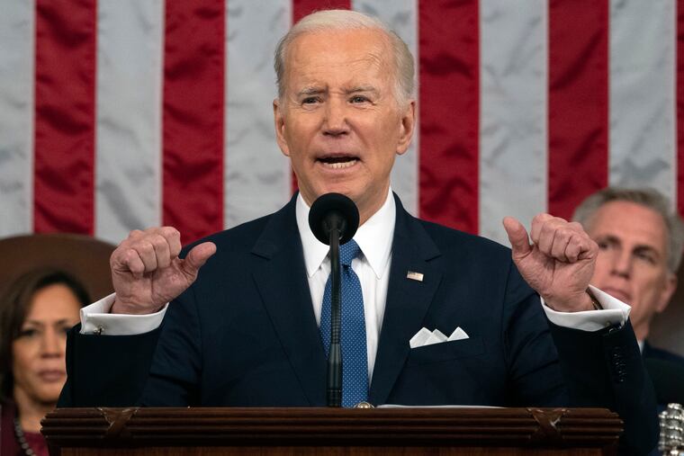 President Joe Biden delivers the State of the Union address to a joint session of Congress at the U.S. Capitol in February in Washington, as Vice President Kamala Harris and House Speaker Kevin McCarthy of Calif., listen.