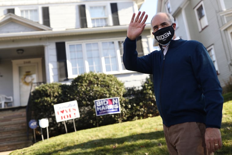 Sen. Bob Casey (D., Pa.) outside now-President Joe Biden's childhood home in Scranton on Nov. 7, 2020, the day Biden became president-elect. Casey and Biden grew up on the same street.