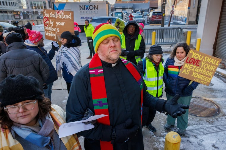 Rev. Tim Emmett-Rardin, Calvary United Methodist Church, West Philadelphia, joins other demonstrators from No ICE Philly. The group blocked vehicles from leaving the garage at U.S. Immigration and Customs Enforcement at 8th and Cherry Street, Philadelphia, Tuesday, Jan. 20, 2026.