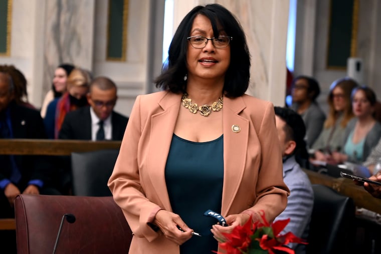 City Councilmember Nina Ahmad stands in Council's chambers during a December meeting. She introduced legislation this week to hold hearings on access to reproductive healthcare in the city, angering one of her colleagues who had already authored a similar resolution.