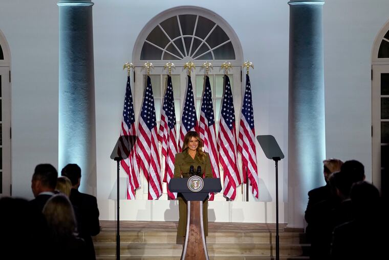 First lady Melania Trump arrives to speak on the second day of the Republican National Convention from the Rose Garden of the White House.