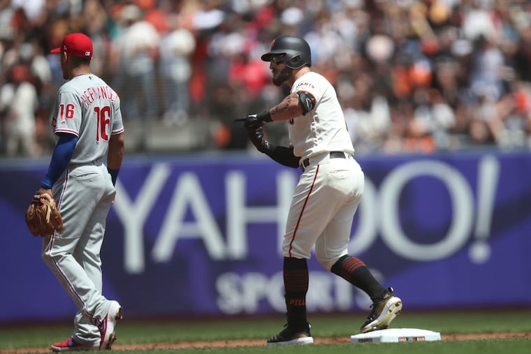 San Francisco Giants' Kevin Pillar (1) doubles in the second inning of a baseball game against the Philadelphia Phillies in San Francisco, Saturday, Aug. 10, 2019. (AP Photo/Scot Tucker)