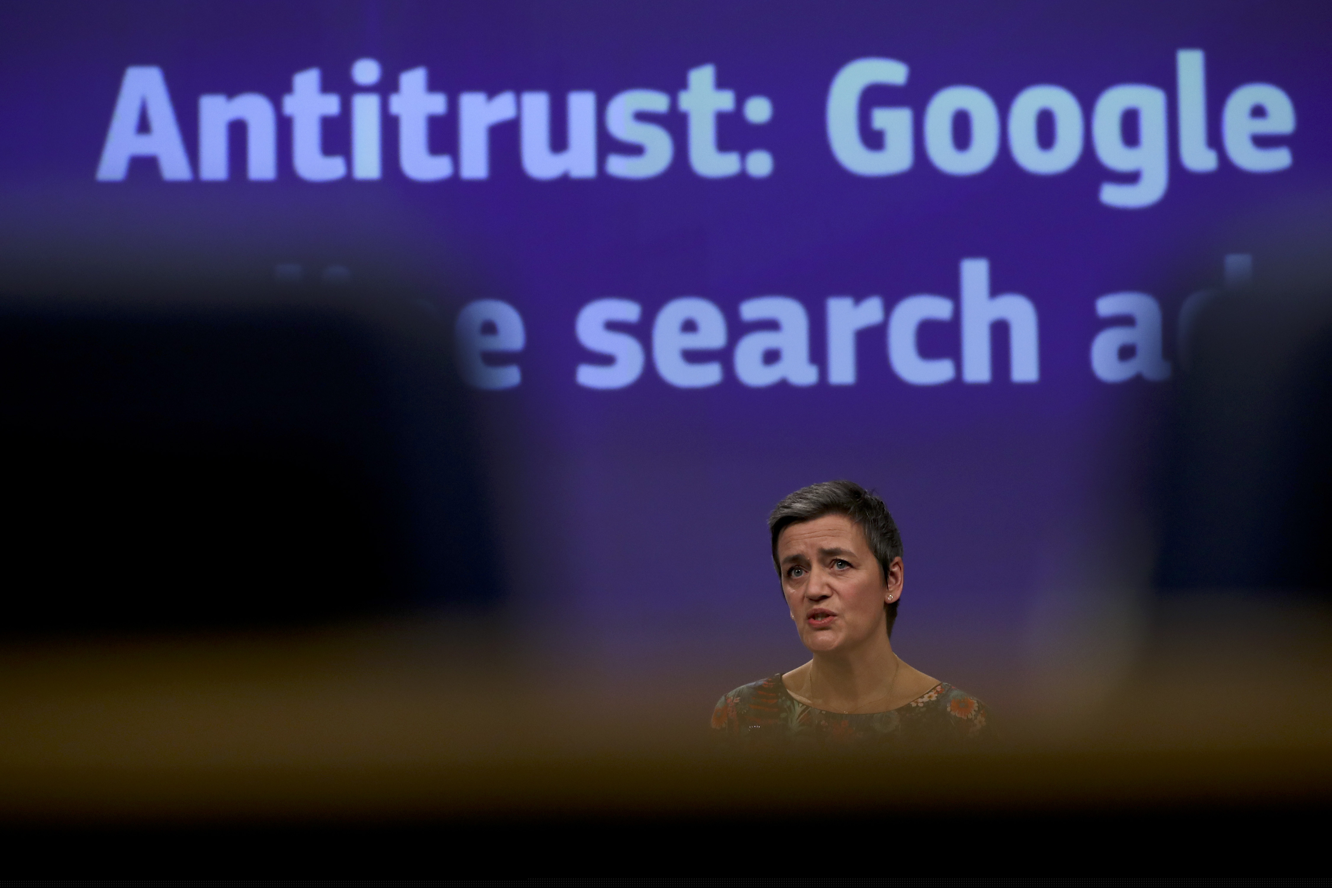 European Competition Commissioner Margrethe Vestager speaks during a media conference at EU headquarters in Brussels, Wednesday, March 20, 2019. European Union regulators have hit Google with a 1.49 billion euro ($1.68 billion) fine for abusing its dominant role in online advertising.