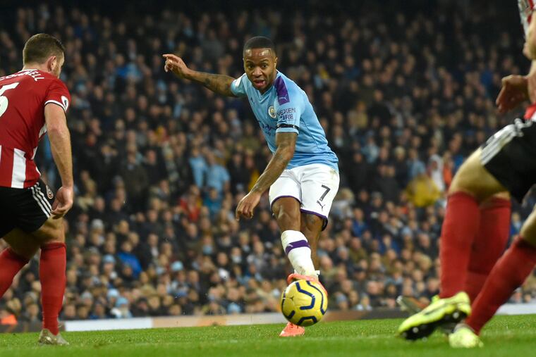 Manchester City's Raheem Sterling (center) has been a leading campaigner against racism in soccer, especially in England.