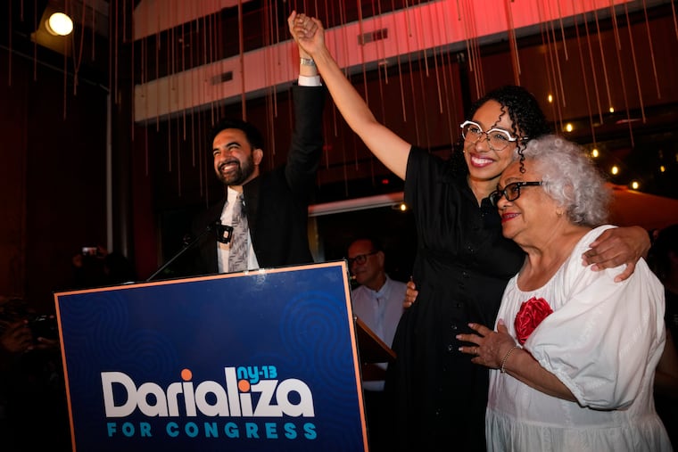 New York City Mayor Zohran Mamdani celebrates with Democratic congressional candidate Darializa Avila Chevalier and organizer Carmen Rojas during an election night watch party Tuesday in New York.