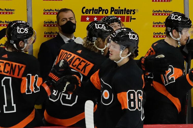 Joel Farabee has led the celebration line 10 times in 19 games this season. He had eight goals in 52 games last season as a rookie.