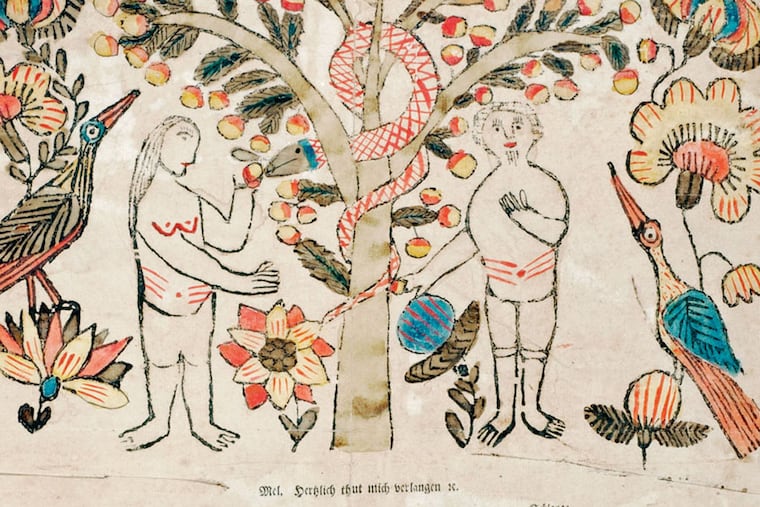 Broadside of Adam and Eve Decoration attributed to the Pseudo-Otto Artist. Probably York County, c. 1800, part of an exhibit at the Art Museum. Frakturs, named for the "broken" lettering, were often cherished family documents.