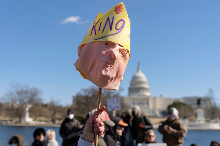 People take part in the "No Kings Day" protest on Presidents Day last year near the Capitol in Washington.