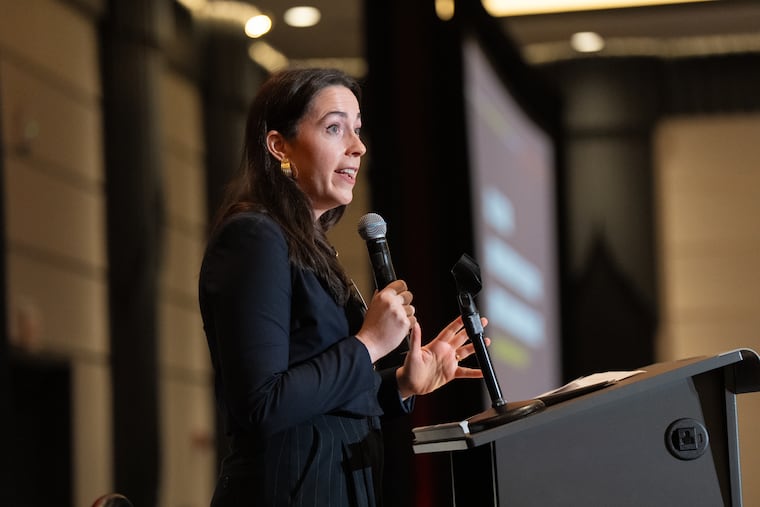 Meghan Pierce, president and CEO of the Forum of Executive Women, speaks at the Forum of Executive Women, in Philadelphia, Oct. 24, 2025.