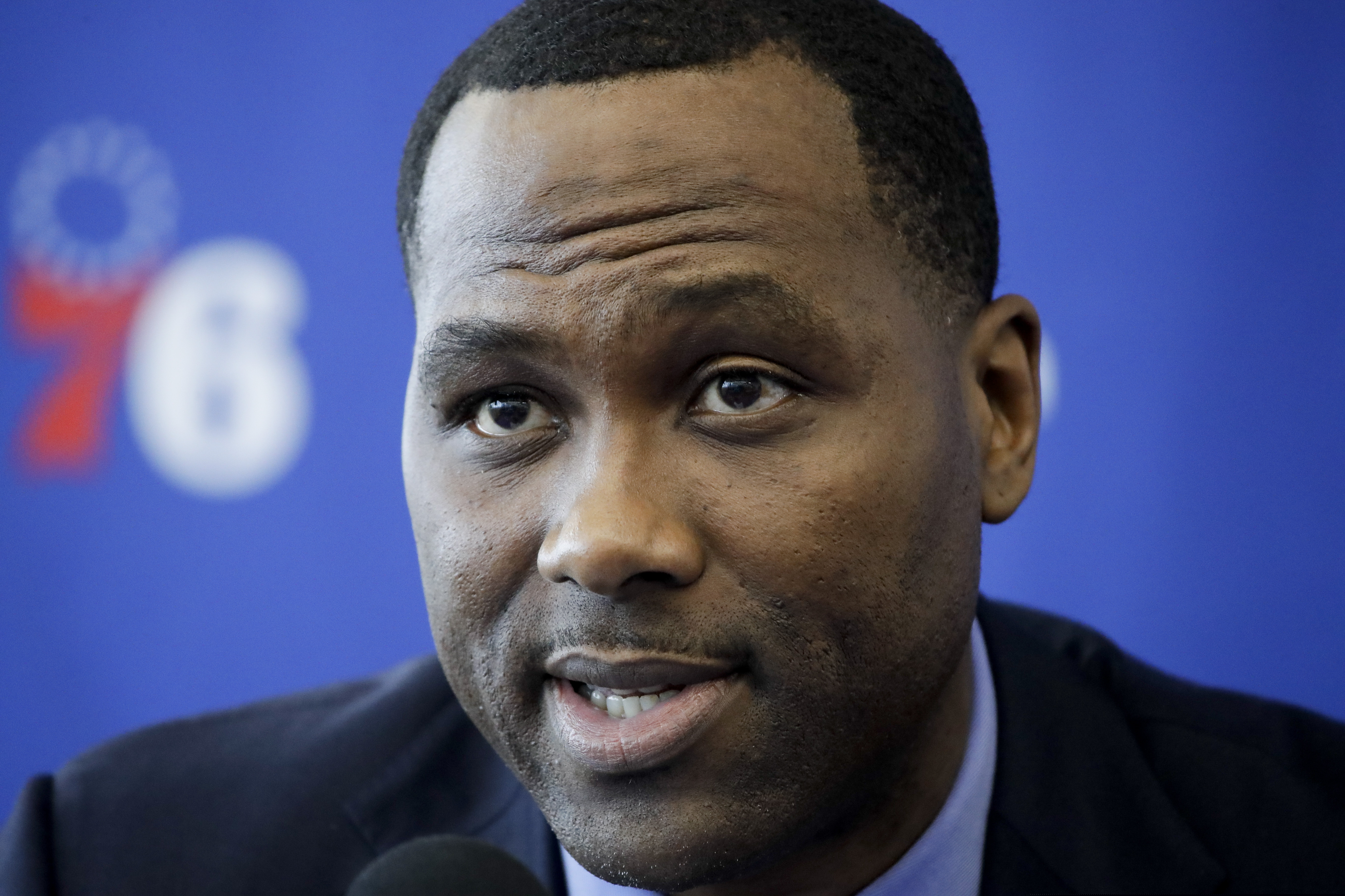 Philadelphia 76ers general manager Elton Brand speaks with members of the media during a news conference.