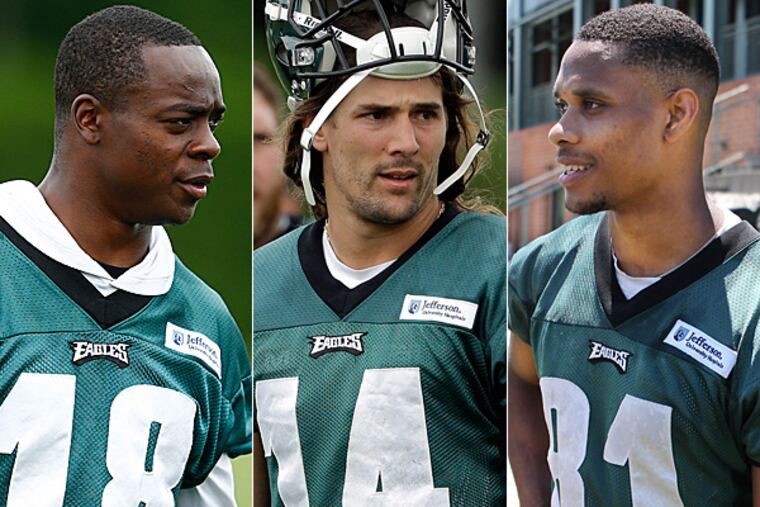 Eagles wide receivers Jeremy Maclin (left), Riley Cooper (center), and Jordan Matthews (right). (Staff and AP Photos)