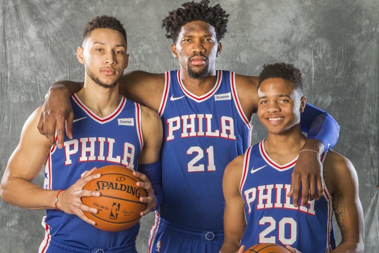 L-R: Ben Simmons, Joel Embiid, and Markelle Fultz of the Sixers at their Media Day on Sept. 25, 2017. CHARLES FOX / Staff Photographer
