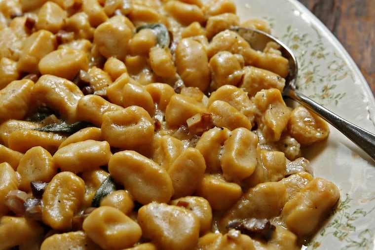 Sweet potato gnocchi, tossed with sage brown butter and crispy pancetta, evokes fall.