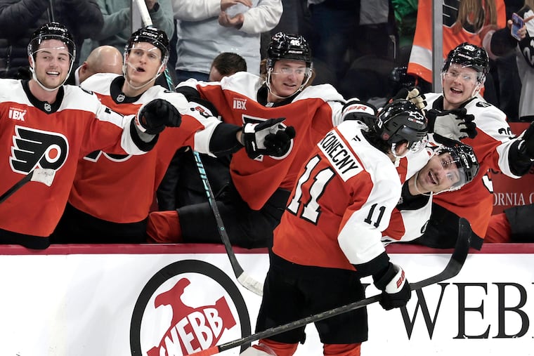 The Flyers celebrate a late third period goal by Travis Konecny that was disallowed after an official review during the Edmonton Oilers at Philadelphia Flyers NHL game at Xfinity Mobile Arena in Philadelphia on Wednesday, Nov. 12, 2025.