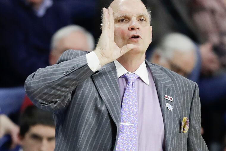 Saint Joseph's Head Coach Phil Martelli yells to his team against Penn at the Palestra on Saturday, January 26, 2019.