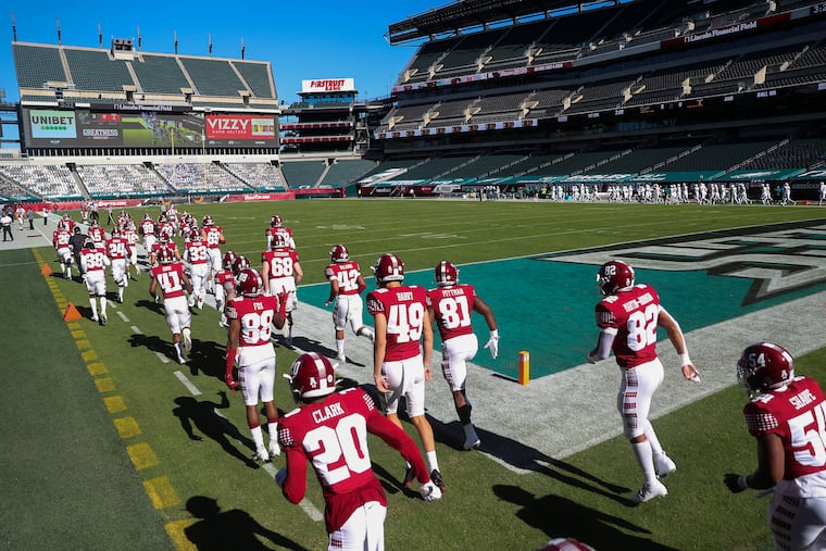 The Temple football team taking the field for its first home game of the season against USF at Lincoln Financial Field on Oct. 17, 2020. Temple won, 39-37.