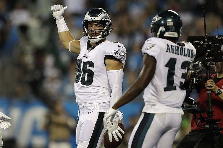 Eagles tight end Zach Ertz celebrates after scoring a touchdown against the Panthers.