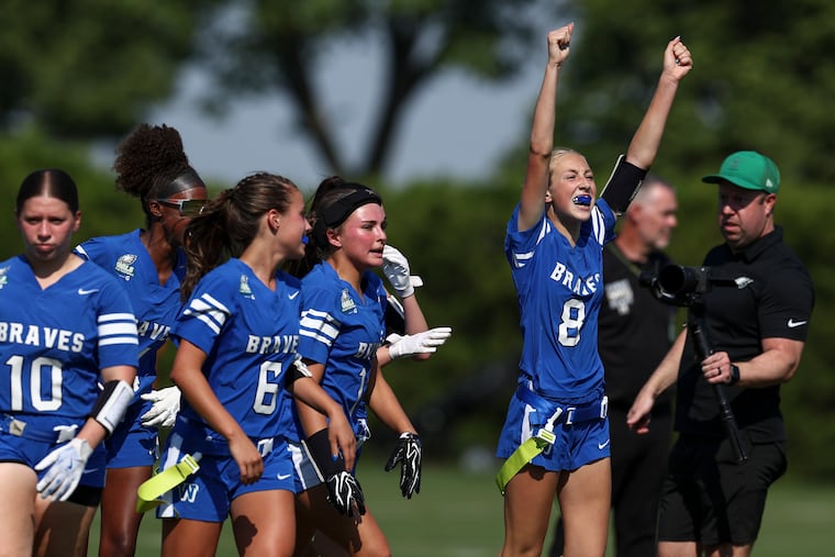 Harper Carney of Williamstown celebrates a touchdown during the New Jersey girls' flag championship on Monday at the Jefferson Health Training Complex.
