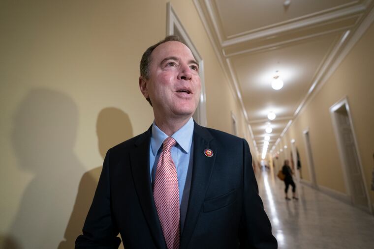 House Intelligence Committee Chairman Adam Schiff, D-Calif., responds to reporters as he arrives for an open hearing on China, at the Capitol in Washington, Thursday, May 16, 2019. The House intelligence committee has called four lawyers linked to President Donald Trump and his family for interviews as part of an investigation into whether they tried to obstruct congressional inquiries into Russian election interference. (AP Photo/J. Scott Applewhite)