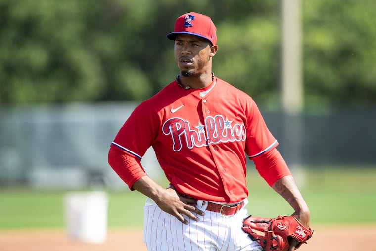 Phillies infielder Jean Segura looks on during a spring-training practice Monday in Clearwater, Fla.