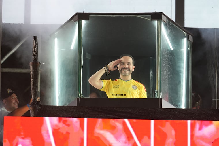 Presidential candidate Abelardo de la Espriella of the opposition Defenders of the Motherland movement speaks to supporters from inside a bulletproof booth at a celebration rally after runoff election results showed him leading in Barranquilla, Colombia, Sunday, June 21, 2026.