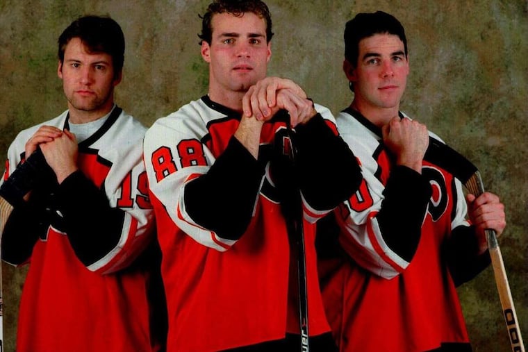 The Flyers’ Legion of Doom (left to right)–Mikael Renberg, Eric Lindros and John LeClair — will be reunited before Thursday’s game.