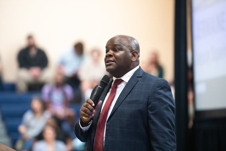 School District of Philadelphia Deputy Superintendent for Academic Services Jermaine Dawson addresses new hires on the first day of orientation in 2024.