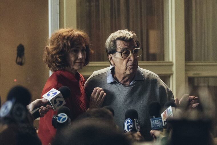 In this image released by HBO, Kathy Baker, left, and Al Pacino portray Sue and Joe Paterno in a scene from "Paterno," a film about the late Penn State football coach. HBO says the film will focus on Paterno dealing with the fallout from the child sex abuse scandal involving his former assistant coach Jerry Sandusky. The all-time winningest coach in major college football history was fired days after Sandusky's Nov. 2011 arrest and died two months later at the age of 85.