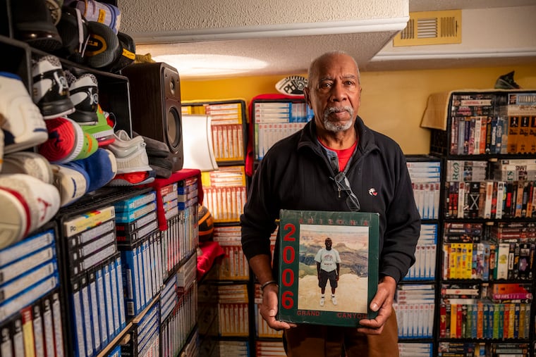 Ron Hall of West Philadelphia poses for a portrait inside the room of his nephew Billy Gordon, who taped and collected men's and women's college and professional games for 38 years until his death in 2024.