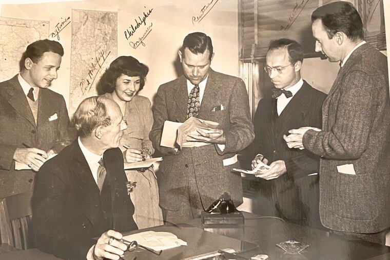 Mrs. Leidner (second from left standing), a reporter for The Inquirer, and other journalists interview Lord Halifax, Edward Wood, the British ambassador to the United States, at the British Consulate in Philadelphia on Oct. 23, 1944.