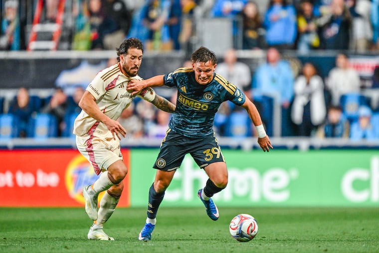 Frankie Westfield (right) battles for the ball during the Philadelphia Union's Major League Soccer (MLS) game against D.C. United on Saturday, April 18, 2026.