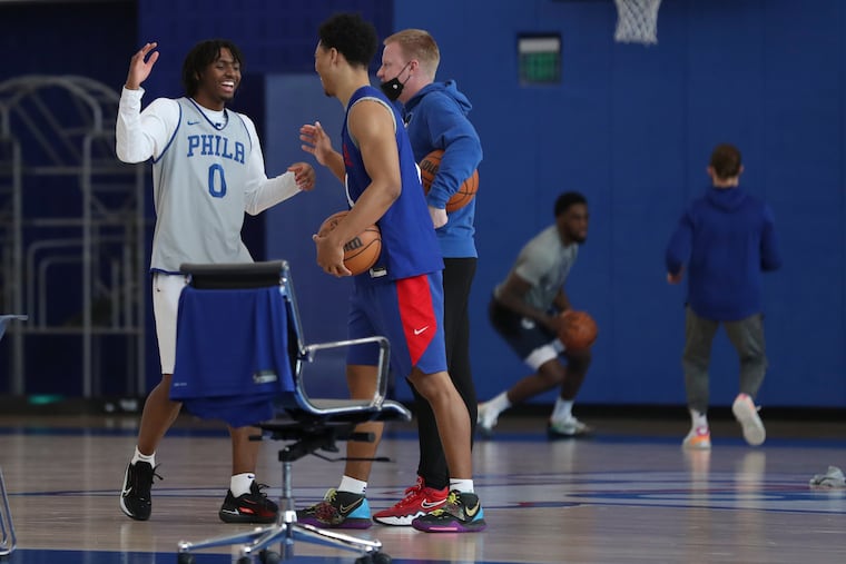 Sixers guard Tyrese Maxey (0) is all smiles after practice at the Philadelphia 76ers Training Complex in Camden, NJ on Friday, Feb. 11, 2022.