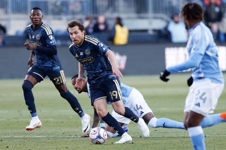 Union midfielder Indiana Vassilev controls the ball past New York City FC defender Raul Gustavo.