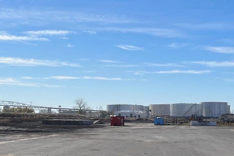 A view from West Passyunk Avenue in Philadelphia of a tank farm that BP Point Breeze LLC plans to raze and develop into a warehouse complex.